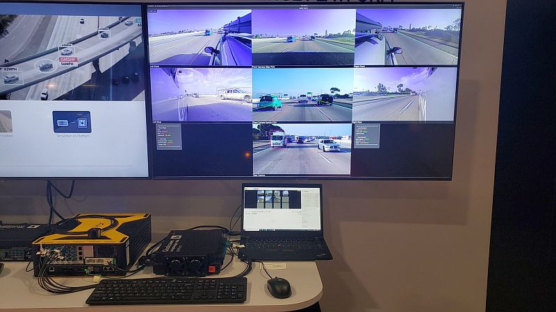 Detail from the Qualcomm Technologies booth at CES 2023 - HIL setup handles multiple video camera streams
